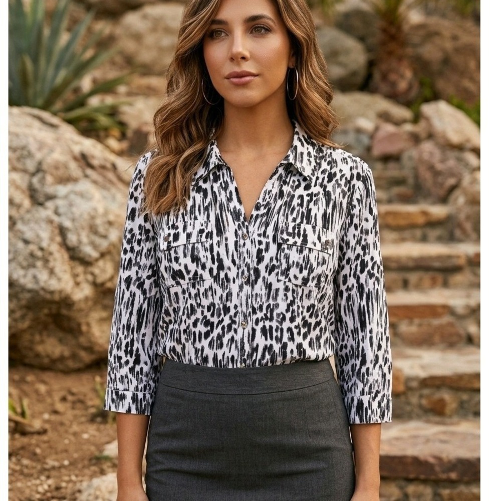 JM Collection‎ Petite Button Up Shirt B/W Animal Print 3/4 Sleeve 14P NEW